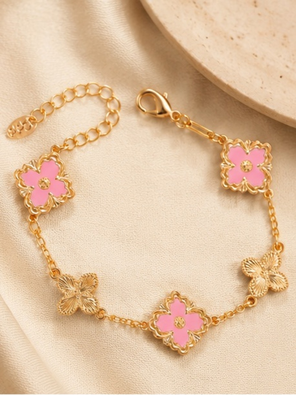 Designer Inspired Gold Pink Floral Clover Charm Bracelet